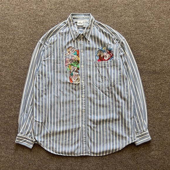 Disney Other - VTG 90s Disney Snow White Seven Dwarfs Embroidered Button Up Shirt Men L Striped